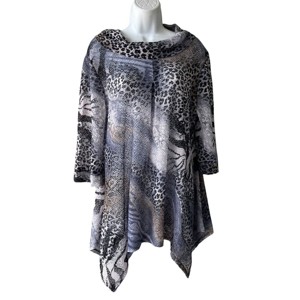 DAMEE INC Sheer Tunic Top Women’s M Black Gray Cowl-neck Asymmetrical Blouse 